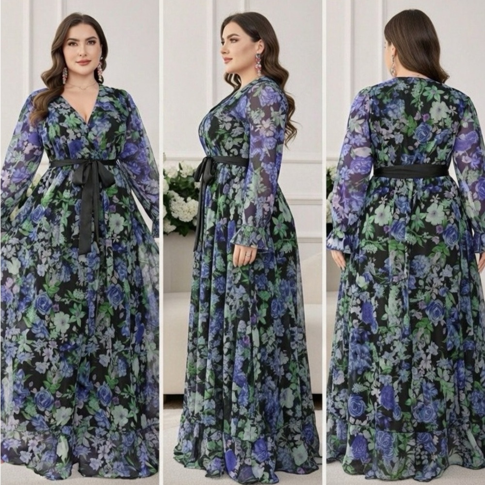Chic Long Sleeve Floral Dress in Blue and Green